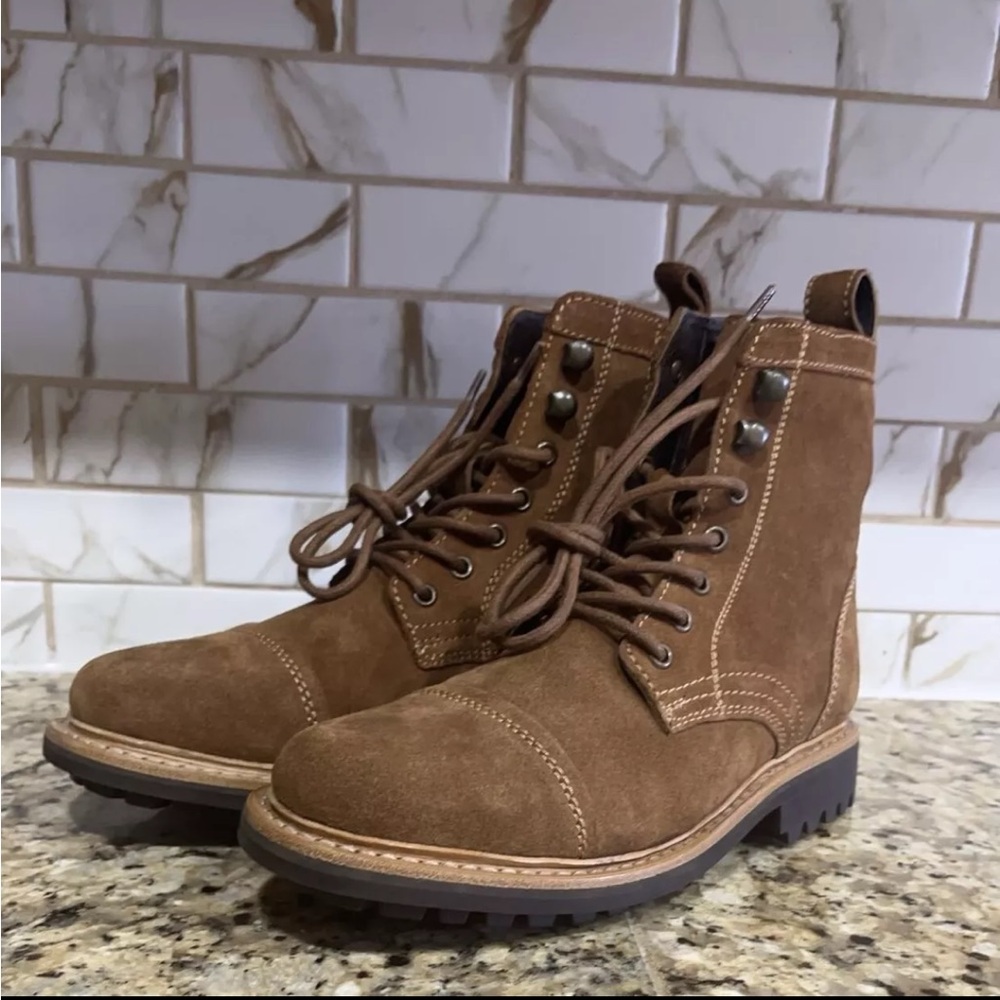 Frye Russell Men Sz 7.5 Tan Leather Suede Cap Boots Lace Zip Up Stylish FR41606